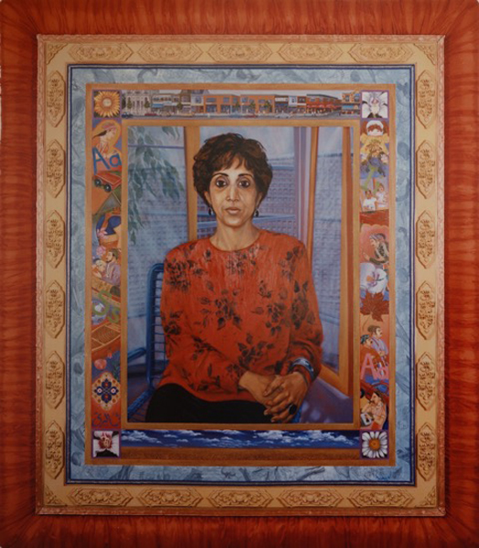 Asia sits in her sunroom, surrounded by various borders. One has mixed paintings of images from her life (Danforth streetscape, her children, camping), and cultural background (Pakistani mogul images and wheat field). Another is collaged medical and historical texts, and one is composed of ceramic relief sculptures in Indian style. The outer layer is sari fabric.